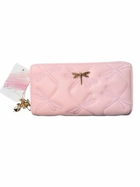Pink Dragonfly Quilted Double Zip Blush Pink Wallet with charms